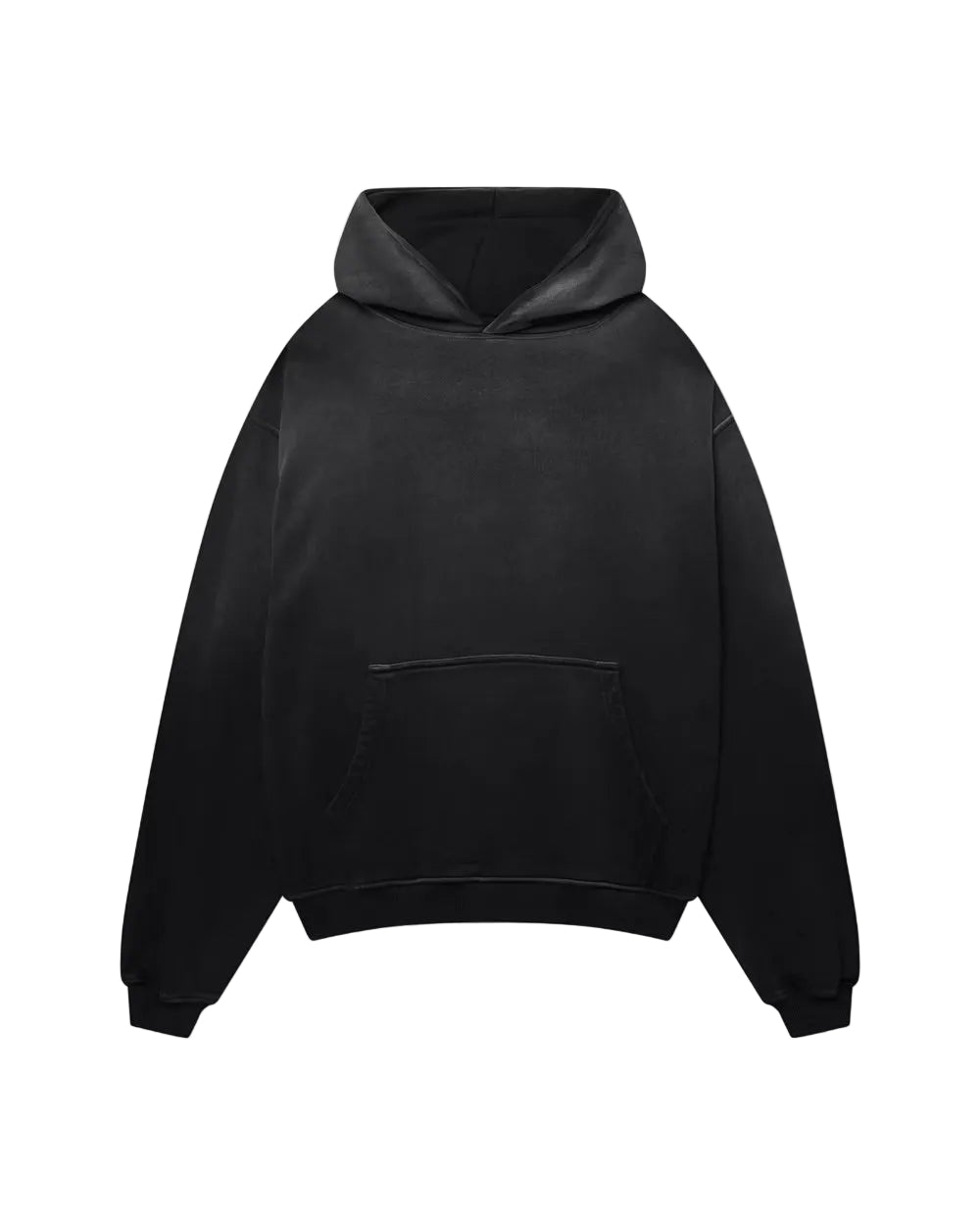 Front view of Kaizen Market Blank Heavyweight Fade Out Black Hoodie